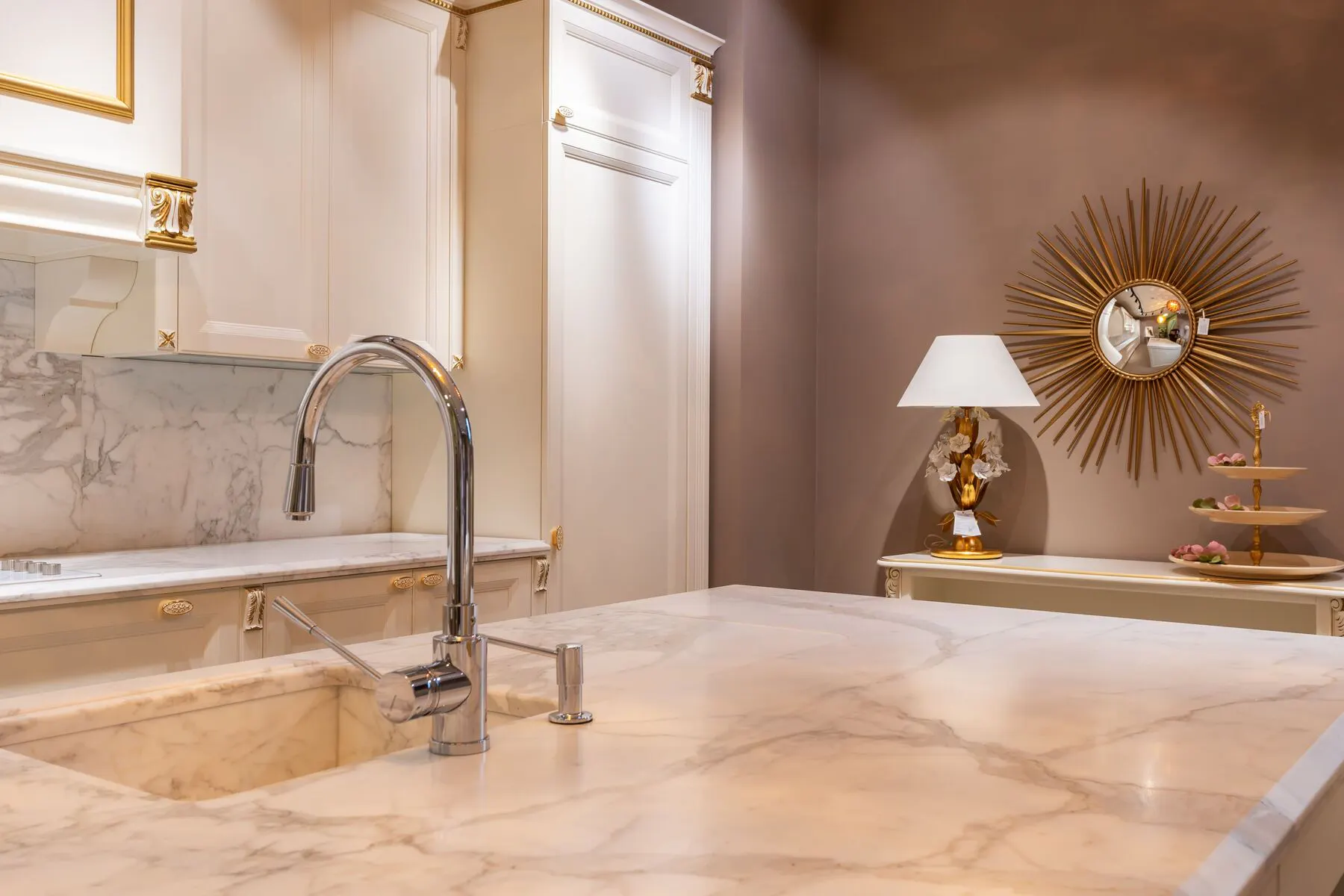 Kitchen with a white marble worktop